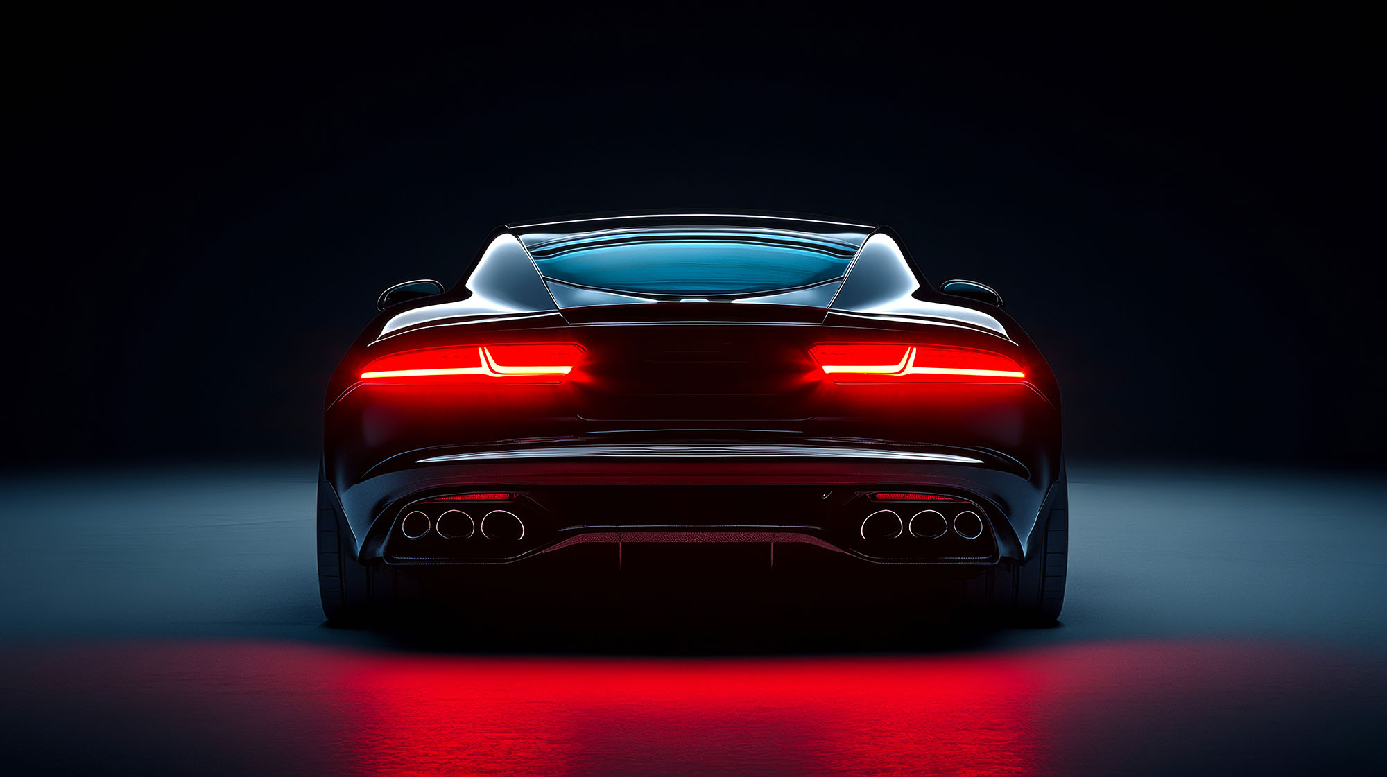 A black car with red lights on the back. The car is parked in a dark room